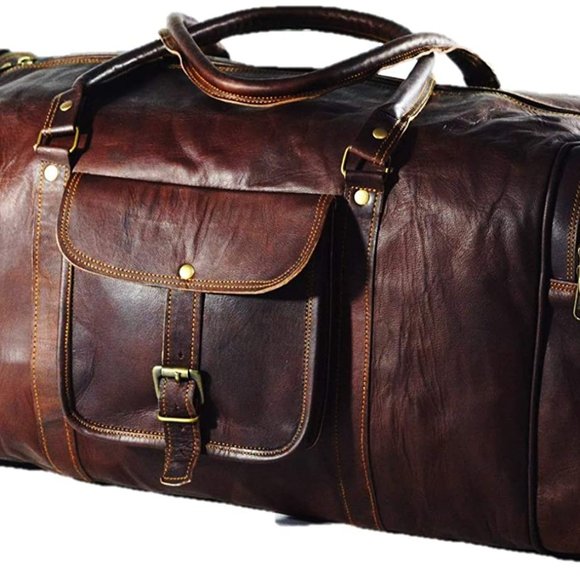 NEW Men's Vintage Brown Leather Goat Duffle Bag - Picture 4 of 7